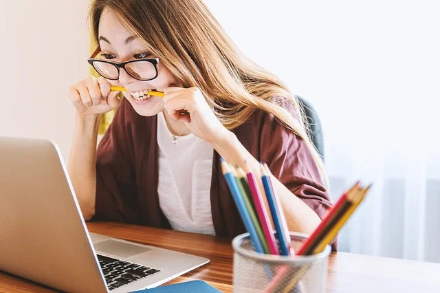 girl studying stressed laptop pencil